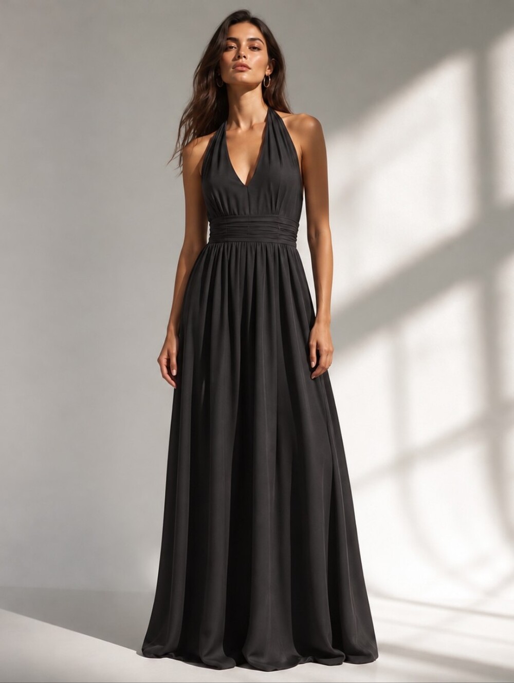 Davids Bridal Black Maxi Halter Dress Size 2 Pleated Chiffon Bridesmaid Backless